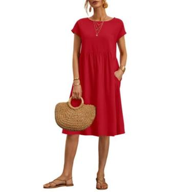 Imagem de Vestido midi Zhyaj de algodão com gola redonda, manga curta e bolsos