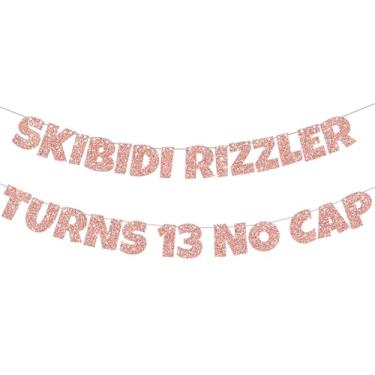 Imagem de Skibidi Rizzler Turns 13 Banner No Cap - Decorações pré-amarradas de aniversário de 13 anos, faixa de festa com glitter para decorações de meninas de 13 anos, suprimentos de festa de meme Geração Z