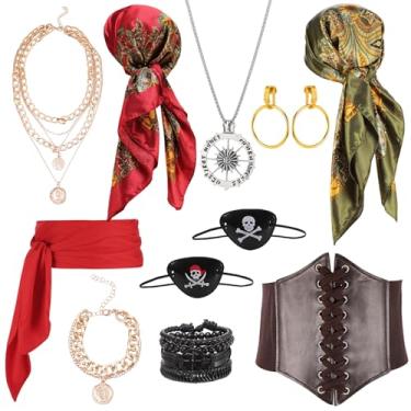 Imagem de JATEBI Conjunto de acessórios de fantasia de pirata para mulheres, conjunto de roupa de Halloween com lenço de cabeça, pulseira de couro, espartilho, colar, brincos, tapa-olhal