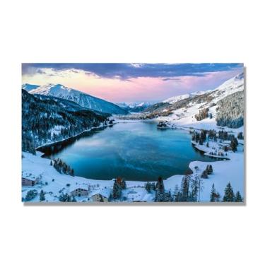 Imagem de NHLDZYH Mural Inverno Paisagem Pintura em Tela Natureza Moderna para Sala de Estar Decoração de Parede - (Pôr do Sol no Lago Alpino) 60 x 96 cm Apenas Tela.