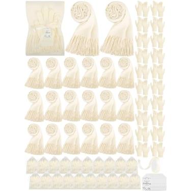 Imagem de Hercicy Conjunto de 20 luvas de xale de pashmina de inverno a granel quente para mulheres, presente de lembrancinha de casamento, cartão de agradecimento, bolsa de organza para convidados, Bege