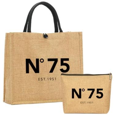 Imagem de Presentes de aniversário de 75 anos para mulheres, presentes de aniversário de 75 anos para mulheres, sacolas de compras reutilizáveis e bolsa de maquiagem, sacola fofa de palha de juta, presente