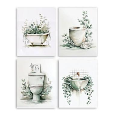 Imagem de Frimeeme Arte de parede de banheiro, impressões em aquarela de eucalipto botânico, decoração de banheiro verde, conjunto de 10, 20 x 25 cm, sem moldura