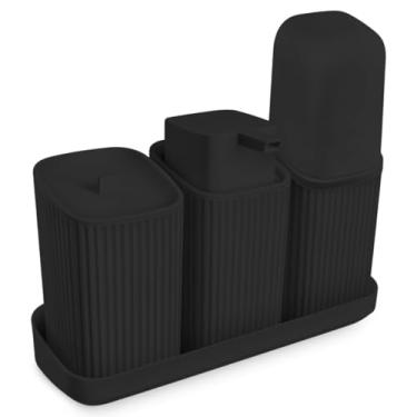Imagem de Kit Para Banheiro 3 Peças Dispenser Sabonete Porta Algodão Escova (Preto)