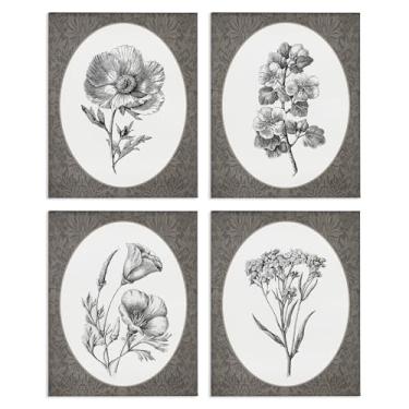 Imagem de Stupell Industries Ornate Blooms over Damask Conjunto de arte de parede em tela de 4 peças, design por Lettered and Lined, 20 x 16