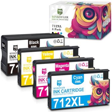 Imagem de BINKSYLER Tinta 712XL 712 XL de alto rendimento compatível com HP 712 cartuchos de tinta para HP DesignJet T210 T230 T250 T630 T650 Studio Plotter Printer (BK/C/M/Y, pacote com 4)