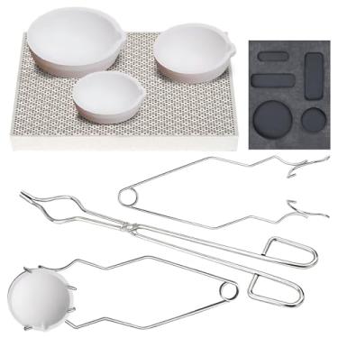 Imagem de Kit de fundição de tocha de grafite de 8 peças, incluindo molde de lingote de fundição de grafite 5 em 1, pinças de cadinho de aço inoxidável de 30 cm, cadinho de quartzo, 2 pinças para derreter