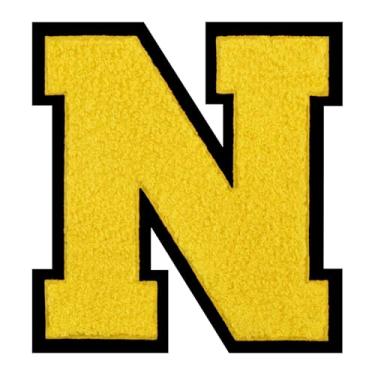 Imagem de 1 PÇ Patch de letra de chenille amarelo de 15 cm com borda preta – Remendos do alfabeto para roupas, jaquetas, mochilas, chapéus para decoração personalizada, nome personalizado e artesanato. (N)