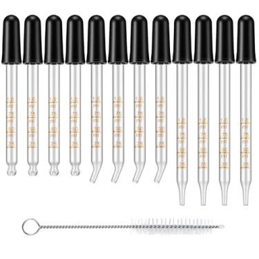 Imagem de Tucnoeu 12 gotas de pipeta de vidro com escova, conta-gotas de 1 ml com medição para óleos essenciais, conta-gotas de medicamento de vidro calibrado de ponta curvada e reta para ouvidos essenciais