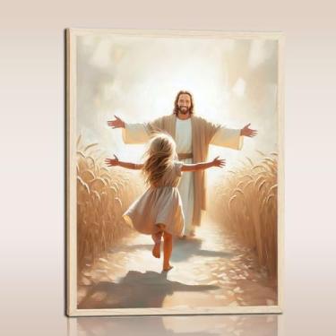 Imagem de Mural emoldurado Jesus pintura religiosa Jesus e menina pôster imagem inspirador moderno mural cristão impressão bíblia arte igreja sala de oração decoração de casa 40 x 61 cm pronto para pendurar