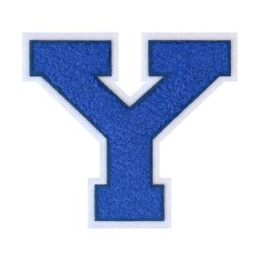 Imagem de 1 peça de patch de letra de chenille azul de 11,4 cm com borda branca – adesivos do alfabeto para roupas, jaquetas, mochilas, chapéus para decoração personalizada, nome personalizado e artesanato. (Y)