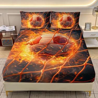 Imagem de AILONEN Jogo de lençol solteiro de futebol 3D, tamanho GG, estampa de futebol de fogo, com 2 fronhas, 3 peças, jogo de cama esportivo de futebol vermelho para crianças e meninos