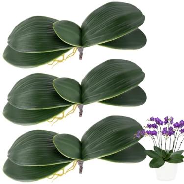 Imagem de RAINFLOW 3 peças de folhas artificiais de orquídeas – folhas falsas realistas de orquídeas Phalaenopsis com raiz de planta, plantas de folhas verdes para arranjos de flores, prateleiras, janelas