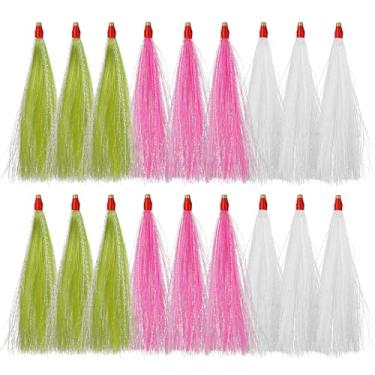 Imagem de Kit de provocações de pesca de água salgada Bucktail Teaser, 10/18 peças Mylar Flash Teaser Tail Trolling Skirt Iscas para plataformas de linguado, água salgada, bacalhau, robalo, 3 cores (verde +