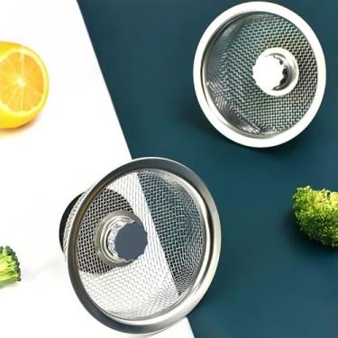 Imagem de Coador de pia de cozinha de aço inoxidável com alça, cesta de filtro de drenagem removível com rolha de borracha, coletor de detritos de alimentos antientupimento para ralo de pia