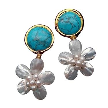 Imagem de Brincos feitos à mão com flor de concha branca azul turquesa estilo bonito para mulheres