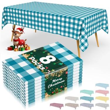 Imagem de Smiry 8 pacotes de toalhas de mesa descartáveis guingão, 137 x 272 cm, toalha de mesa de plástico impermeável, turquesa retangular e branca quadriculada para piquenique, aniversário, festa