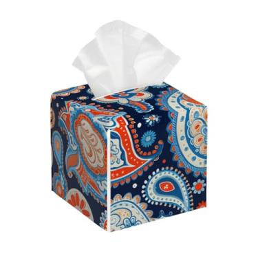 Imagem de Suporte quadrado de couro para caixa de lenços de papel, impermeável, étnico, paisley, flor, colorido, organizador de papel facial com cinto inferior, estojo de lenços para mesa, banheiro, escritório