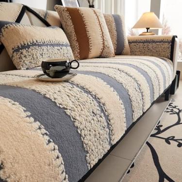 Imagem de Capa de almofada de sofá seccional para proteção de móveis, capa de sofá lavável para sofá, de lã de cordeiro listrada, antiderrapante, protetor de sofá para animais de estimação, cinza, 110 x 110