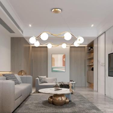 Imagem de Lustre para sala de estar com 8 lâmpadas em formato de globo, estilo meados do século XX, luminária pendente moderna Sputnik, lâmpada G9, acabamento em latão escovado, cúpula de vidro branco