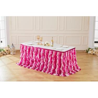 Imagem de Saia de mesa de lantejoulas vermelha rosa de 2,5 m para mesas retangulares ou redondas, toalha de mesa tutu de salgueiro encaracolado, saia de mesa de lantejoulas para aniversário de princesa, festa