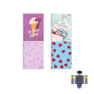 Imagem de Kit Caderno Universitário Vibe Feminino 1M 80F Tilibra Caneta e Marcador Artístico