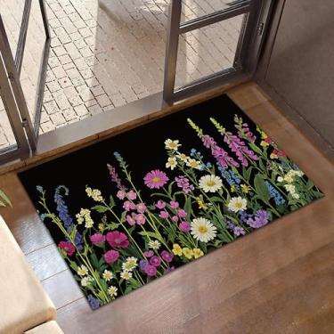 Imagem de CXULIN Tapetes de porta de flores silvestres para ambientes internos, tapete de porta frontal preto floral rústico antiderrapante de perfil baixo para entrada ao ar livre, tapete interno, pátio