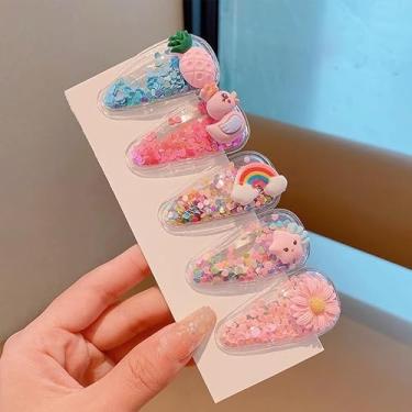 Imagem de 5 peças de grampos de cabelo com glitter para meninas, grampos de cabelo transparentes com flores de frutas e animais, acessórios de cabelo para o dia das crianças e festas