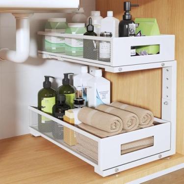 Imagem de 1 pacote com organizador de pia de 43 cm de profundidade, organizador de armário de 2 camadas com trilho circular liso, gavetas deslizantes de malha metálica de grande capacidade para armazenamento de