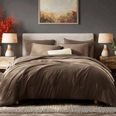 Imagem de WRENSONGE Conjunto de edredom King Size - 7 peças, cama king size, marrom chocolate macio em uma bolsa, lençol de cima, 2 fronhas e 2 fronhas - jogo de cama king quente para todas as estações