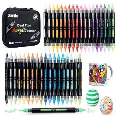 Imagem de Smilo Marcadores de tinta acrílica de 36 cores, ponta dupla (pincel e fino) com grande capacidade de tinta e janela de visualização, canetas opacas à base de água para pintura rupestre, madeira