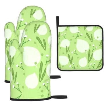 Imagem de Conjunto de cozinha essencial de 3 peças com estampa de plantas, folhas e luvas resistentes ao calor, proteção para churrasco no forno, design de armazenamento suspenso.