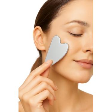 Imagem de Massageador Facial de Gua Sha em Aço Inoxidável, Ferramenta de Beleza para Drenagem Linfática e Relaxamento, Design Ergonômico, Prata