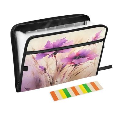 Imagem de Wassud Acordeão de flores violetas, organizador de arquivos, letras A4, pastas de arquivo, papel organizador de documentos, fólio com etiquetas, pasta de arquivos expansível, 13 bolsos