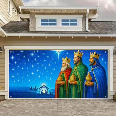 Imagem de HOMETITUTE Banner de porta de garagem de três reis 33 x 1,8 m fundo de cena de estrela de epifania homem sábio design de presépio capa de porta de garagem celebração de Natal decoração de porta de