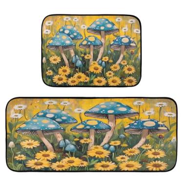 Imagem de Qilmy Tapetes de cozinha de cogumelos e flores silvestres, 2 peças, tapete de entrada frontal, antiderrapante, alivia a fadiga, lavável, tapete para cozinha, quarto, varanda560