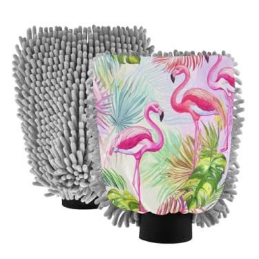 Imagem de STAYTOP Luvas de lavagem de carro flamingos e folhas de palmeira, 2 peças, luvas de microfibra de chenille, sem arranhões, panos de esponja de lavagem ultra absorventes para carros, limpeza doméstica