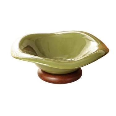 Imagem de Fruteira Fruteira de formato irregular com base de madeira e acabamento em cerâmica brilhante, ideal para servir na cozinha e sala de estar. Decoração de mesa(Green)
