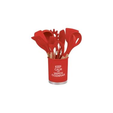 Imagem de Kit Utensílios de Cozinha Silicone 13 Peças, Cabo em Madeira MDF, Preto, Aço Inox, Livre de BPA, Suporta até 230ºC, com Suporte Porta Kit