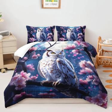 Imagem de AILONEN Conjunto de edredom solteiro com estampa de coruja de flor rosa para crianças, meninas, meninos, estampa de pássaro, animal, macio, com 2 fronhas, 3 peças