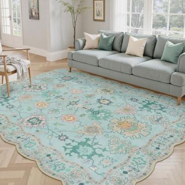 Imagem de LORWER Oushak Tapete de área para quarto 12 x 18 cm - Vintage Boho Floral Azul Geométrico, Tapetes laváveis de pilha baixa antiderrapante para quarto de bebê, hall de entrada, decoração de quarto