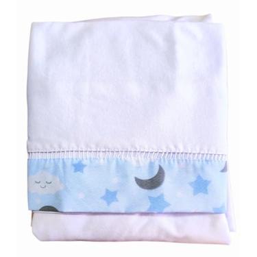 Imagem de Jogo de Lençol 2 Peças com Elástico para Berço Americano Malha 100% Algodão Tema Céu com Lua e Estrelas Branco e Azul 160x98x12cm