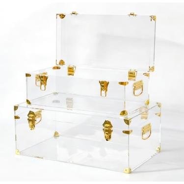 Imagem de Vixdonos Baú de armazenamento de acrílico decorativo conjunto de 2 caixas de lembrança organizador de dormitório universitário com ferrolho de ferragens e alça para decoração de casa, 50 x 36 x 24 cm