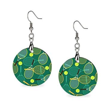 Imagem de Raquetes e bolas de tênis sem costura, estampa verde, madeira, grande, pendurado, redondo, leve, brincos brancos banhados a cobre