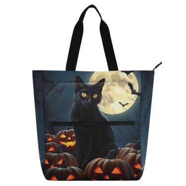 Imagem de Sacola feminina de trabalho com estampa de abóbora, preta, para dia das bruxas, praia, para livros, com zíper, para mulheres, crianças, para amantes de livros, presentes