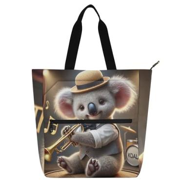 Imagem de GAIGEO Bolsa de lona Sweet Koala Trompet Swing para crianças e mulheres amantes de livros, trabalho, escola, zíper