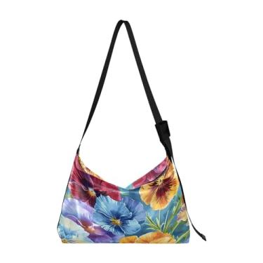 Imagem de Bolsa de couro tulipas brancas com alça de ombro, bolsa de ombro masculina de couro, bolsa tiracolo de couro, Flor de amor-perfeito aquarela-2, One Size