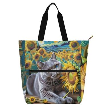 Imagem de GAIGEO Bolsa feminina British Shorthair Cat Girassóis para trabalho, lona, praia, escola, bolsa utilitária, bolsas infantis com compartimentos