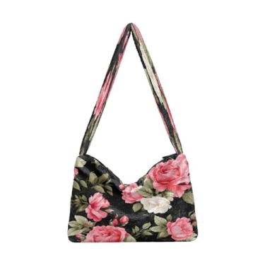 Imagem de Bolsa de ombro verde Monstera tropical com folhas de palmeira, bolsas de ombro, bolsas de mão para livros para mulheres, Rosas rosa em preto-2, One Size