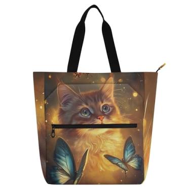 Imagem de GAIGEO Ragdoll Sacola floral com borboletas e gatos para crianças, mulheres, amantes de livros, escola, trabalho, zíper com estampa personalizada